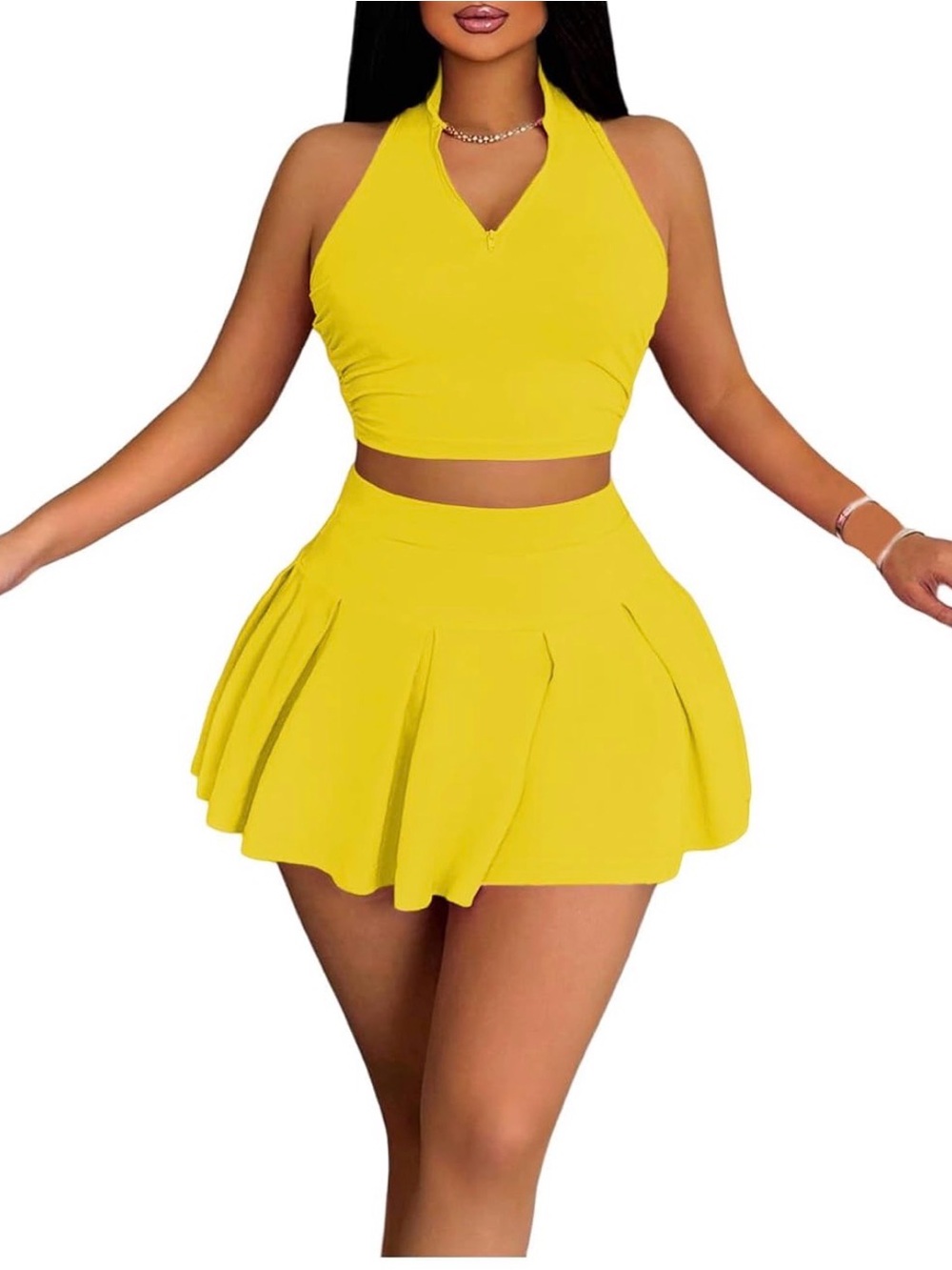 Yellow Pleated Mini Skirt - Women Skirt
